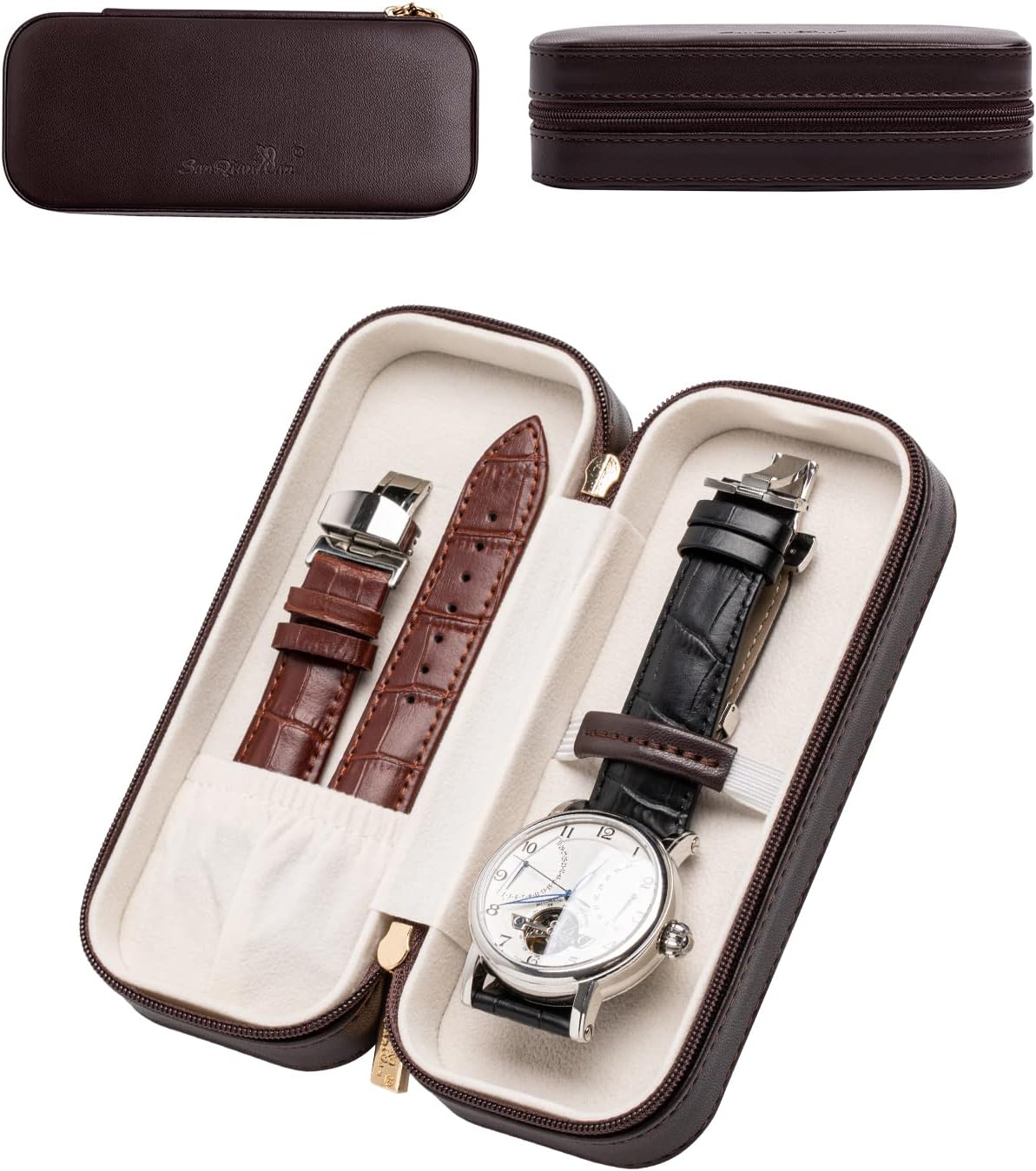 Leather Watch Box Single Travel Portable Watch Case Watch Band Storage Holder Box (Brown)